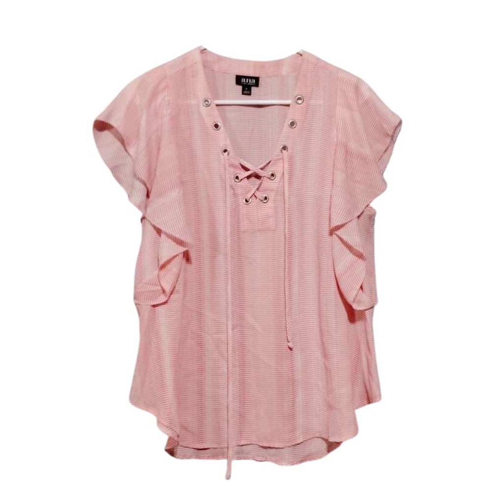 ANA A New Approach Pink Striped‎ Ruffle Sleeve Lace Up Top Women's Size L